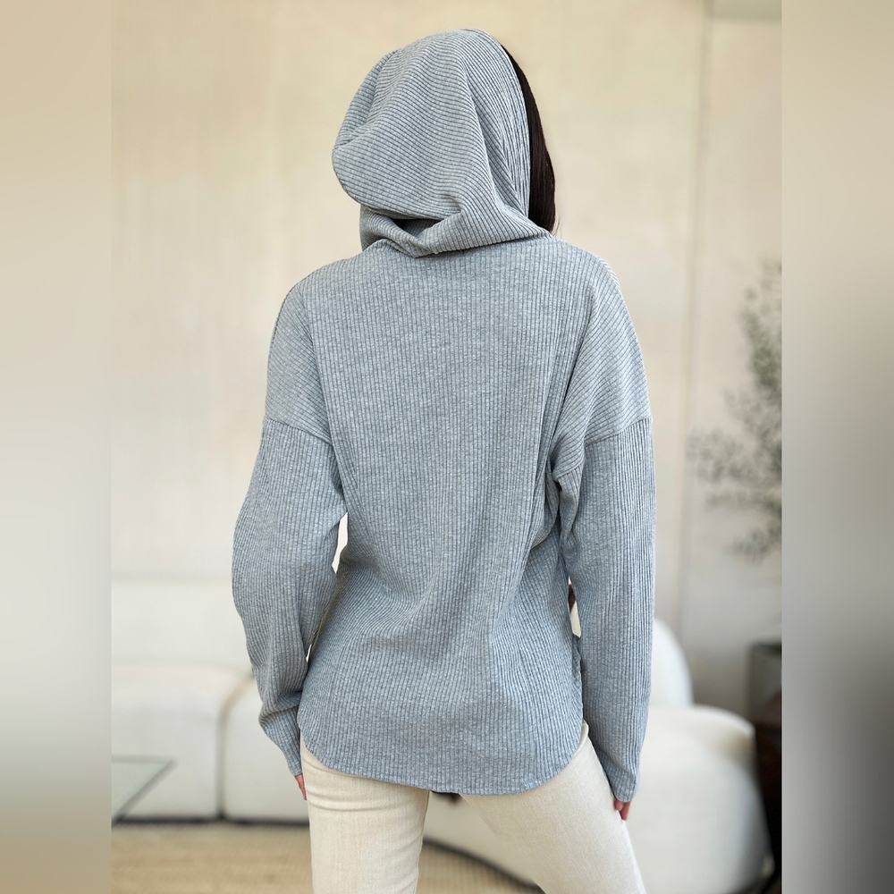 Culture Code Full Size Ribbed Zip-Up Drawstring Hooded Jacket - Picture 4 of 8
